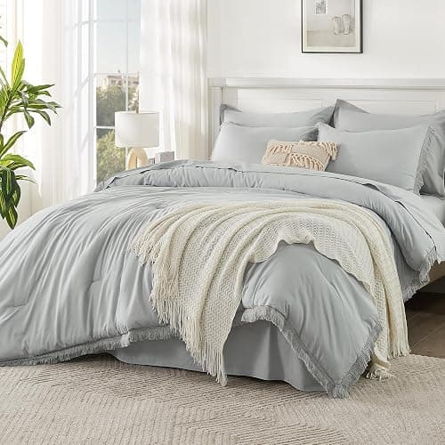 Andency Light Grey Queen Size Comforter Set with Sheets - 7 Pieces Boho Tassel Bed in a Bag Soft Lightweight Bedding Sets, Light Grey Fringe Bed Set with Comforter, Sheets, Pillowcases & Shams - Image 1