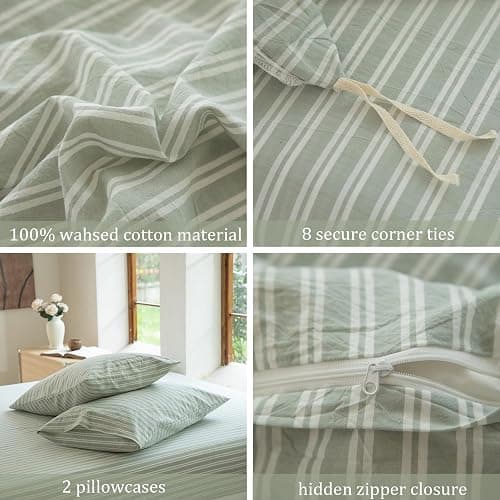 BESTDESIL Sage Green and White Striped Duvet Cover,100% Washed Cotton Breathable and Linen Like Bedding Set(Strip-Sage Green/White,Full Size) thumbnail 5