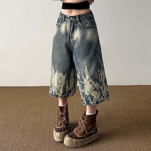 Baggy Jeans Damen Y2k Caprihose Weite Bein Kurz Denim Hose Frauen Hip Hop Streetwear Destroyed Kurze Sommerjeans Jogginghose Schlupfjeans Dreiviertel Hosen mit Tasche Bequem Capri Jeans thumbnail 3