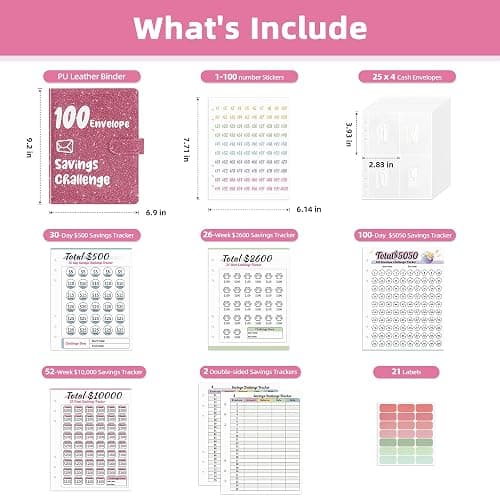 Ospelelf 100 Envelopes Money Saving Challenge Book 52 Week Budget Binder with Cash Envelopes to Save $10,000, Glitter Pink thumbnail 2
