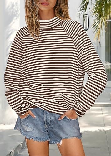 Yanekop Womens Striped Mock Neck Shirts Oversized Long Sleeve Tops Casual Pullover Tops Fall Fashion Basic Tees thumbnail 4