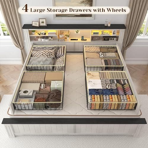 EnHomee King Size Bed Frame and Headboard & Storage, 4 Drawers and LED Built in Charging Station King Bed Frame with Storage Farmhouse,NO Noise,No Box Spring Needed,White thumbnail 5