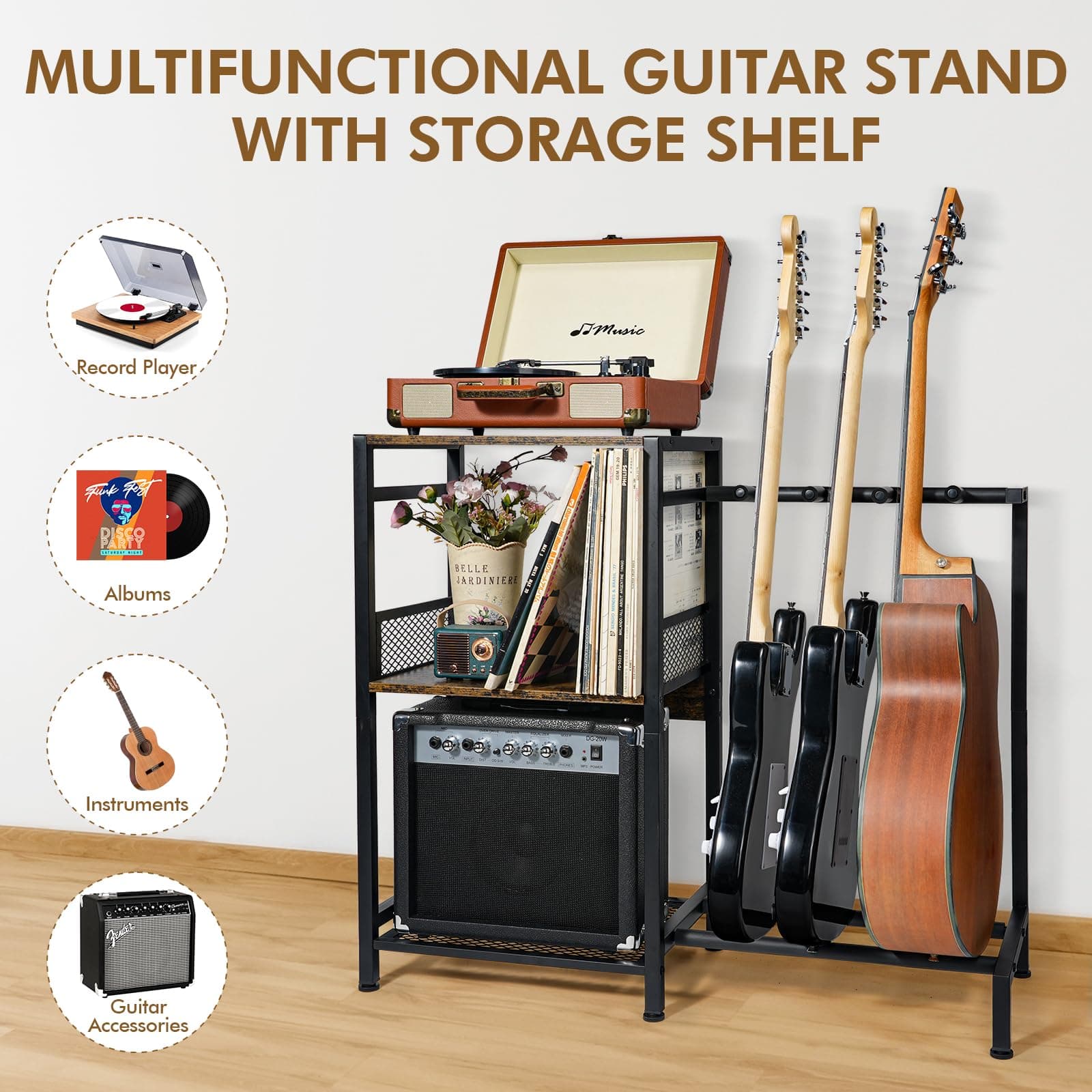 ikkle Guitar Stand for Electric Guitar and Bass with Vinyl Record Storage Holder, Guitar Rack for Multiple Guitars, Such As Acoustic, Bass, Electric & Guitar Case. ( 2 Installation Methods ) thumbnail 4