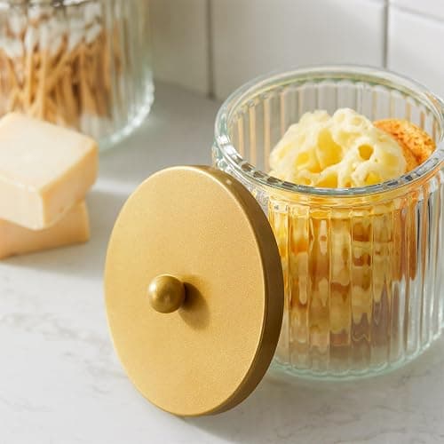 KMwares Matte Gold Set of 2 Glass Qtip Holder Dispenser Set for Cotton Ball, Swab, Round Pads, Floss Picks - Bathroom Canister Storage Organization and Vanity Makeup Organizer thumbnail 6