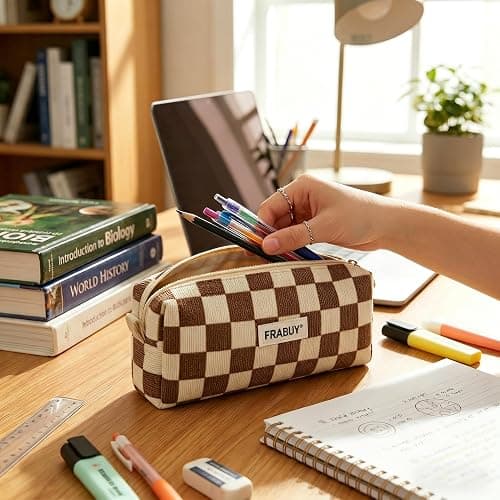 FRABUY Soft Corduroy Pencil Case Pen Pouch Organizer, Small Stationery Bag | Cute Crown Checkerboard Pouch, Smooth Zipper, Daily Cosmetics Holder, Compact Organizer for School Teen Girls, Women thumbnail 2