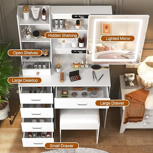 Hikooo White Modern Vanity Desk, Vanity Table with 5 Drawers, Storage Shelves and Stool, 3 Color Modes Adjustable Brightness Dressing Table for Dressing Table for Bedroom Dressing Room thumbnail 5