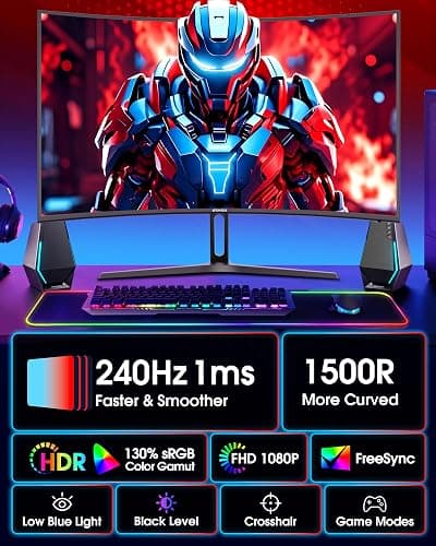 SANSUI 27 Inch Curved 240Hz Gaming Monitor FHD 1080P, 1500R Curve Computer Monitor, 130% sRGB, 4000:1 Contrast, HDR, FreeSync, MPRT 1Ms, Low Blue Light, HDMI DP Ports, Metal Stand, Cable Incl. thumbnail 2