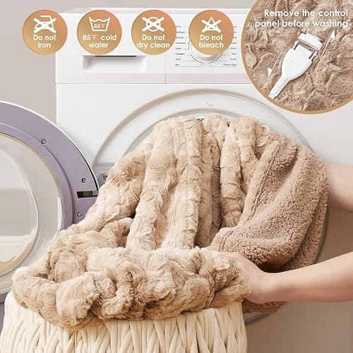 EHEYCIGA Electric Heated Blanket Throw Faux Fur, 10 Hours Auto Shut Off 9 Heating Levels Heating Blanket Throw, Soft Warm Heated Blanket Fast Heating Camel, Faux Fur & Sherpa thumbnail 7