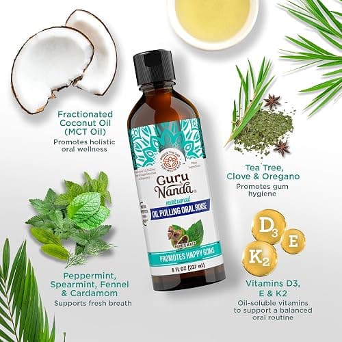 GuruNanda CocoMint Oil Pulling Mouthwash for Complete Oral Hygiene, 7 Essential Oils & Vitamins for Happy Teeth & Gums & Fresh Breath, with Toothbrush & Tongue Scraper, Alcohol-Free, 8 oz thumbnail 6