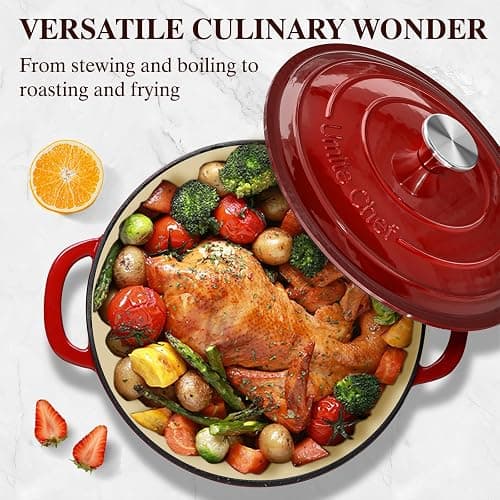 Umite Chef 7QT Enameled Cast Iron Dutch Oven with Lid & Cotton Potholders–Heavy-Duty Cookware for Bread Baking, Braising, Stews, Marinate, Cook(Red) thumbnail 7