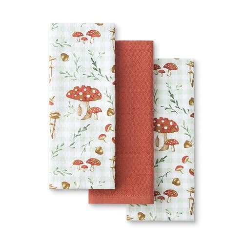 Martha Stewart Autumn Harvest Mushroom Plaid Kitchen Towel 3-Pack Set, 100% Cotton with Absorbent Terrycloth, Decorative Kitchen Towels, Burnt Orange/Green/White, 16"x28" - Image 1