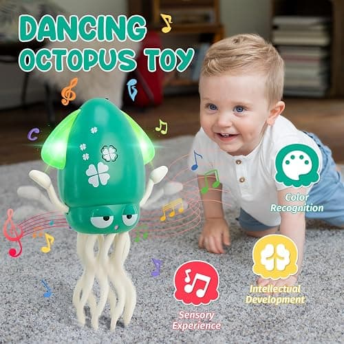 Dancing Octopus Toy for Babies, Electric Crawling Squid Toy with Music & Lights, Fishing Rod & Avoidance Sensor, Tummy Time Toys Baby Toys for 1 2 3 Years Old, Green thumbnail 2