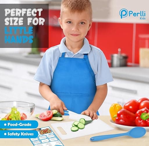 PERLLI Kids Real Cooking Set for Cooking and Baking – 31 Pc. Gift for Junior Chef with Real Utensils, Case & Safe Kids Knife Set for Boys & Girls – Fine Motor Skills & Fun for Children Ages 6+, Blue thumbnail 3