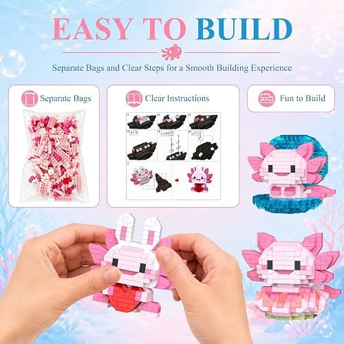 IBLOTIME 6 Pack Axolotl Micro Brick Building Set, 2278 PCS | 6 Axolotl Builds, Separate Packs, Micro Bricks, Small Party Favors, Desk Shelf Decor, Ages 14+ thumbnail 4