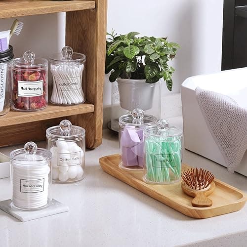 4 Pack Acrylic Qtip Holder Dispenser for Cotton Swabs, Balls, Pads, Floss Picks- Small Clear Plastic Canister Apothecary Jar Set, Bathroom Essentials Accessories Decor, Vanity Makeup Storage Organizer - 4 Pack thumbnail 4