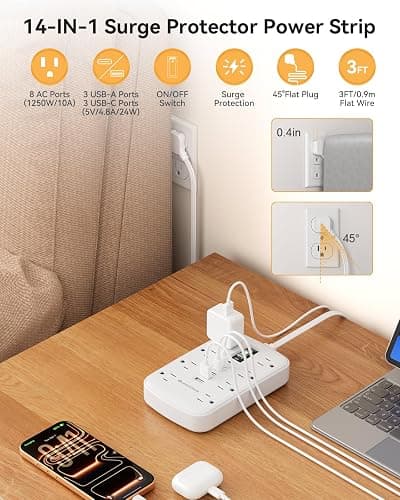 Flat Plug Power Strip with USB Ports - Flat Extension Cord 3FT with 8 AC Outlets 6 USB(3 USB C), Short Extension Cord Surge Protector Multi Plug Wall Plug for Travel, Home, Dorm Room Essentials, White thumbnail 3