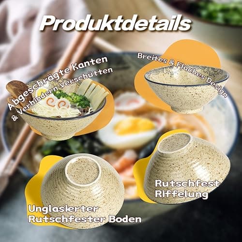 Ramen Schüssel Set 2 x 1200ml Keramik Ramen Bowl mit Essstäbchen und Löffeln,Japanisches Stil Porzellan Geschirr Suppenschüssel Groß Salatschüssel Pho Bowl,Mikrowelle & Spülmaschinenfest,Fisch thumbnail 4