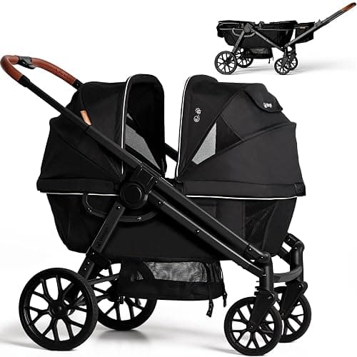 Weego Lightweight Wagon Stroller for 2 Kids, Foldable All-Terrain, Black | Double stroller wagon with removable canopy, adjustable push-pull handle, snack tray, cup holders and storage basket. - Image 1