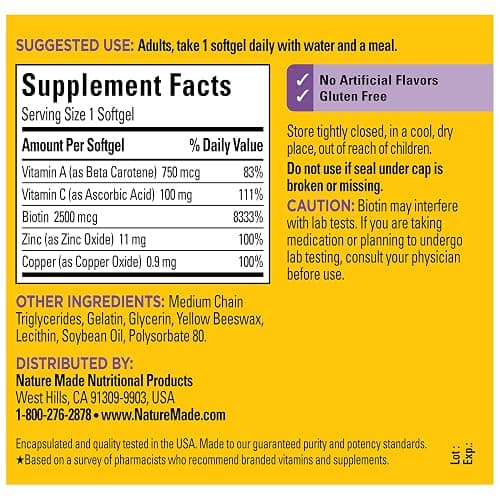 Nature Made Hair Skin and Nails with Biotin 2500 mcg, Dietary Supplement For Healthy Hair Skin and Nails Support, 120 Softgels, 120 Day Supply thumbnail 8