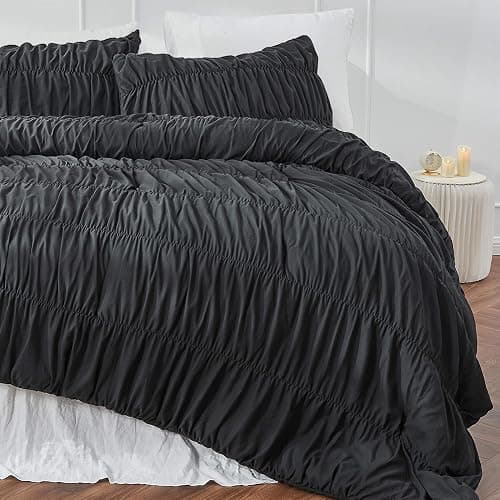 Bonlino Queen Comforter Set - Black Boho Shabby Chic Bedding for Bedroom - Fluffy 3 Piece Ruffle Comforter Set with Pillow thumbnail 7