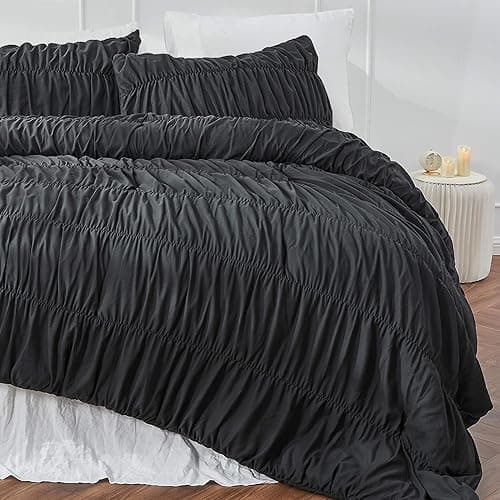 Bonlino Queen Comforter Set - Black Boho Shabby Chic Bedding for Bedroom - Fluffy 3 Piece Ruffle Comforter Set with Pillow thumbnail 8
