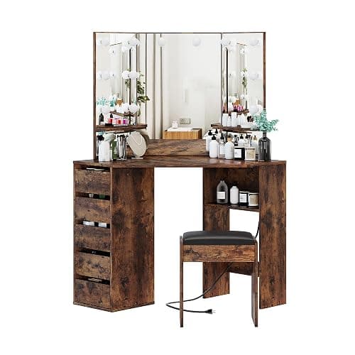 Knowfunn Corner Vanity Desk Set with 3-Folding Lighted Mirrors, Makeup Vanity Table with Charging Station, 5 Rotating Drawers and Storage Bench for Bedroom, Rustic Brown thumbnail 5