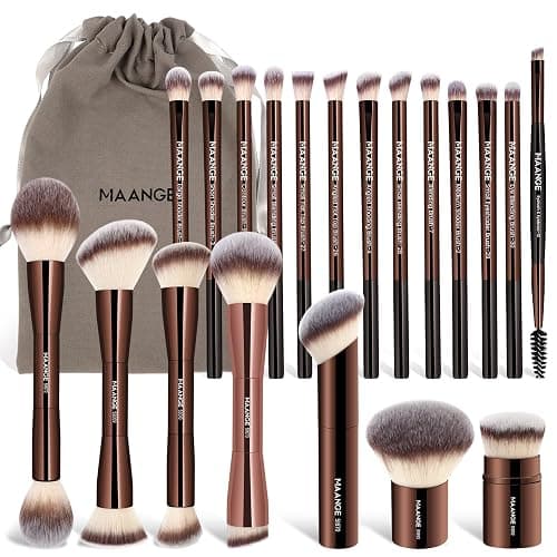 MAANGE 20 PCS Foundation Makeup Brush Set, Double-ended Kabuki Brush Contour Brush for Liquid Powder Concealer Cream Cosmetics Blending Blush Buffing Face Makeup Tools (Coffee) - Coffee - Image 1