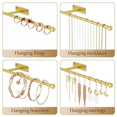 Josmimic Wall Hanging Jewelry Organizer: 12.6'' Necklace Holder for Earring, Bracelet, Rings, Hairband, Glasses, Gold 2-Pack, Screws Included thumbnail 5