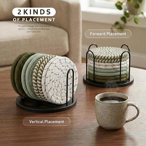 Lazebox Coasters Set of 8 for Drinks, 4 Inch Large Coasters for Coffee Table, Tabletop Protection for Hot & Cold Drinks, Versatile Coasters for Home Decor, Non-Slip & Easy to Clean, Olive Green thumbnail 6