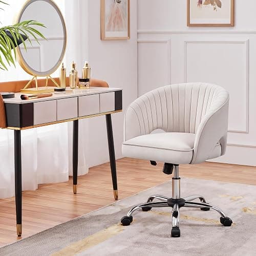 Yaheetech Schminkstuhl mit Samtbezug, Schreibtischstuhl mit Armlehnen, Drehstuhl mit Rollen, Höhenverstellbar Homeoffice Stuhl, Bürosessel mit Schaukelfunktion, drehbar Polsterstuhl Cremeweiß thumbnail 4