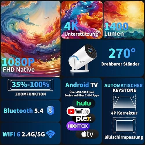 Mini Beamer 4K Full HD 1080P Mit 5G WiFi 6 und Bluetooth 5.4 2026 Neuer Tragbarer Projektor mit Automatische Trapezialkorrektur 270 ° Drehung Tv Stick/USB/Laptop/PC,mit Maus und Fernbedienung Weiß thumbnail 2