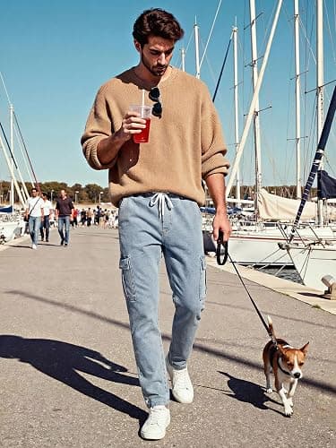 JMIERR Men's Elastic Waist Cargo Jeans Stretch Denim Pants with Drawstring Relaxed Fit for Casual Daily Wear thumbnail 5
