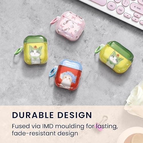 kwmobile in-Ear Headphones Case for Apple Airpods 4 - Protective Shockproof Case for Earbuds with Keychain - Soft & Durable Cat and Peach thumbnail 6