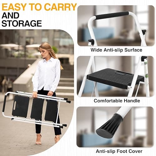 3 Step Ladder, Portable Steel Folding Step Stool with Wide Anti-Slip Pedal & Convenient Handgrip, 500lbs Sturdy Steel Ladder, White thumbnail 6