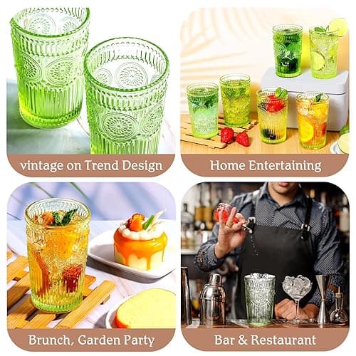 megarte Vintage Drinking Glasses Set - 12 Oz Romantic Embossed Glassware - Premium Glass Cocktail Cups for Water Juice Tea Beverage - Set of 6 - Green - Green - 6Pcs thumbnail 5