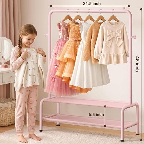 mirolam Kids Clothing Rack - Dress Up Storage - Dress Up Rack for Little Girls - Small Kids Costume Wardrobe with 2 Fabric Shelves - Princess Room Bedroom Decor thumbnail 3