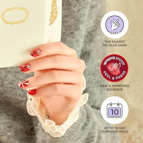 KISS imPRESS Holiday Press On Nails, ‘The Gift’, Green, Medium Coffin, Improved Super Hold Adhesive, 30 Fake Nails, Prep Pad, Mini Nail File, & Manicure Stick thumbnail 3