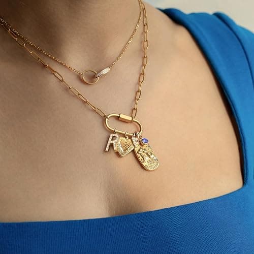 MignonandMignon Gold Charm Necklace for Women, Personalized Gift for Her, Birthday Gift for Mom, Gold Plated Pendant Charms, Handmade Jewelry for Women, Graduation Necklace -P-LOCK-N thumbnail 2