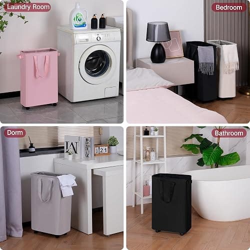 efluky Slim Laundry Hamper with Wheels, Rolling Laundry Basket for Clothes, Small Laundry Basket for Bedroom, Dorm and Laundry Room, 60L (12.7 Gallons) Pink thumbnail 6