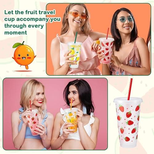 Chuangdi 12 Set 12 Set 24 oz Fruit Reusable Drinking Cups with Lids, Straws | Summer Party Favors Cups, Fruit Plastic Tumblers for Beach Pool Party, Tropical Luau, BBQ, Picnic, Family Gatherings thumbnail 7