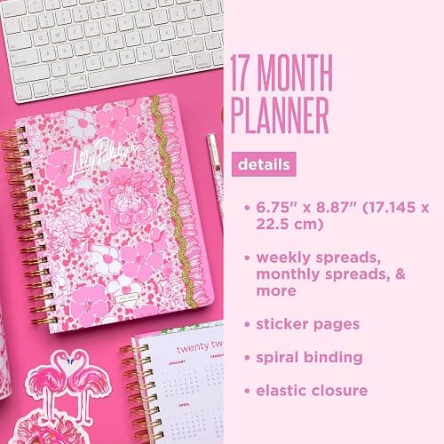 Lilly Pulitzer Large 17-Month Planner 6.75" x 8.87" Agenda Dated August 2026–December 2027, Gold Spiral Binding & Elastic Closure, Weekly & Monthly Layouts, Stickers, Travel & Reflection Pages (Conch Shell Pink Burst of Joy) thumbnail 7