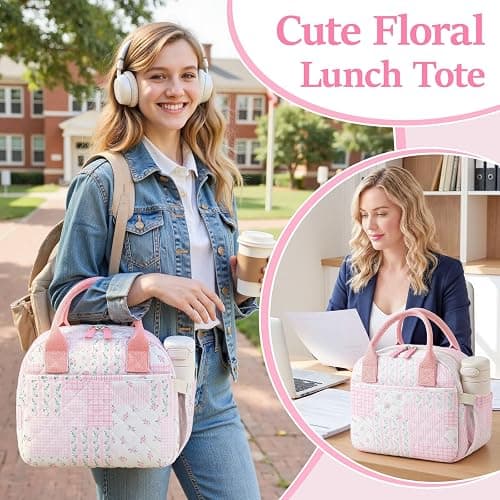 WOBAGMEN Quilted Lunch Box for Adult Women,Cute Floral Insulated Lunch Tote with Front Zipper Pocket, Aesthetic Coquette Style Reusable Lunch Box Bag for Work Gym Travel Picnic (pink hua pin, M) thumbnail 3