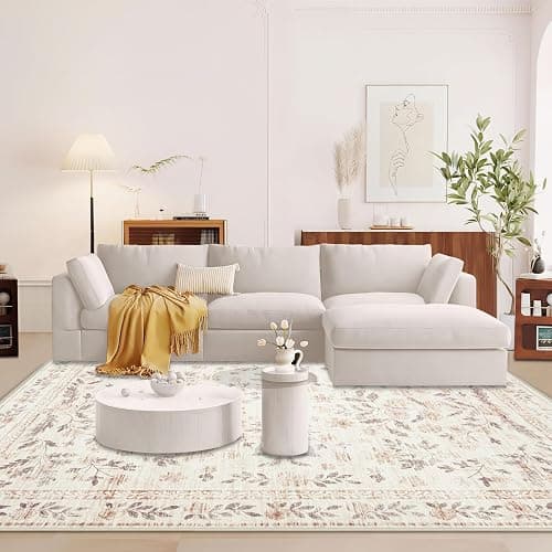 Rugs for Living Room 5x7 Rug, Washable Floral Boho Area Rug Non Slip Soft Low Pile Large Rugs for Bedroom Girls, Dining Room, Office, Kids Playroom(5'x7', Floral Beige) thumbnail 3