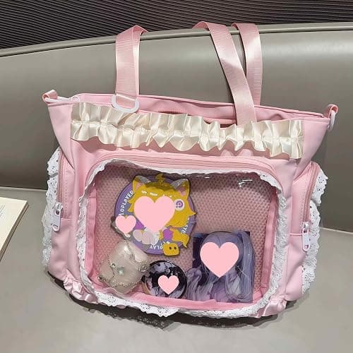 ita crossbody tote bag, pin display with Insert large messenger bag, cute tote bag with zipper ruffle, japanese aesthetic y2k thumbnail 7