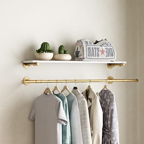 HOMEKAYT Industrial Pipe Clothing Rack Wall Mounted Garment Rack with 3-Tier Wooden Shelf Vintage Hanging Rack for Bedroom, Living Room - Gold thumbnail 5