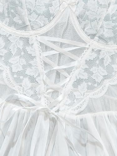Lilosy Sexy Garter Belt Mesh Lace Babydoll Lingerie Dress Set with Thong thumbnail 4