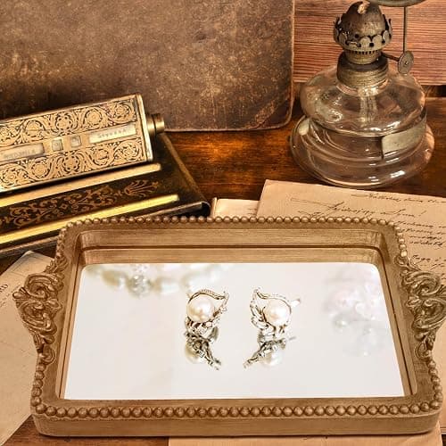Hanna Roberts Vintage Gold Tray with Mirror Glass Base | Card Holder for Guests During Occasions and Events or Decorative Home and Vanity Organizer (Gold) thumbnail 2