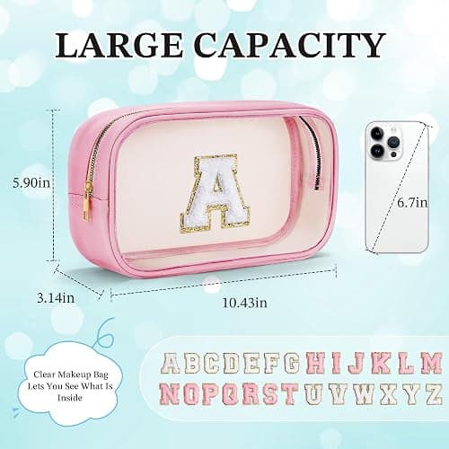 YOOLIFE Graduation Teacher Gifts Initial Clear Makeup Bag Birthday Gift Travel Toiletry Preppy Cosmetic Bags Birthday Gift for Girls Kids Travel Essentials Clear Toiletry Bag A - Large-Pink - A thumbnail 3