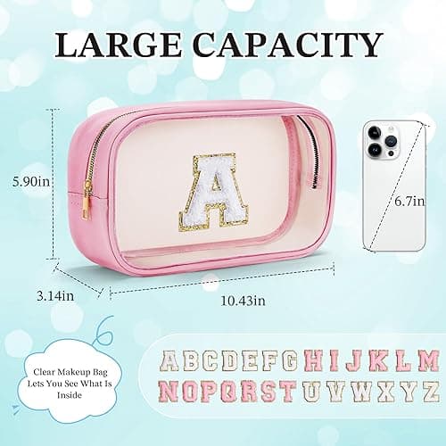YOOLIFE Graduation Teacher Gifts Initial Clear Makeup Bag Birthday Gift Travel Toiletry Preppy Cosmetic Bags Birthday Gift for Girls Kids Travel Essentials Clear Toiletry Bag A - Large-Pink - A thumbnail 3