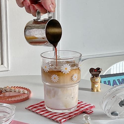 Olvini 13oz Glass Tumbler with Straw and Lid, Reusable Iced Coffee Cup Tumbler, Cute Glass Cups for Water, Matcha, Travel Coffee Mugs (Daisy) thumbnail 4